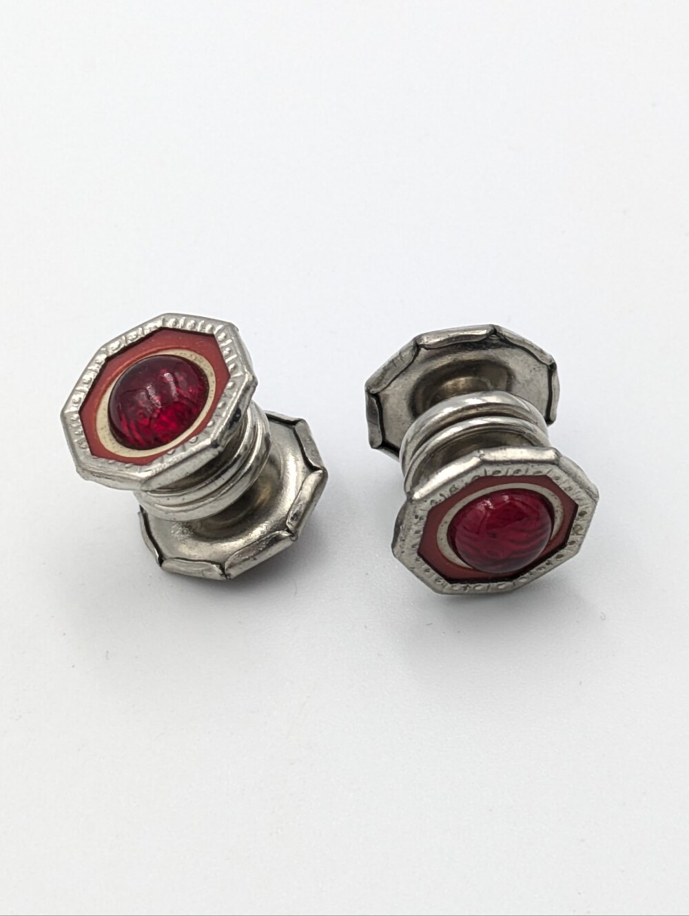 Antique - vintage art deco snap lock cufflinks silver tone and red